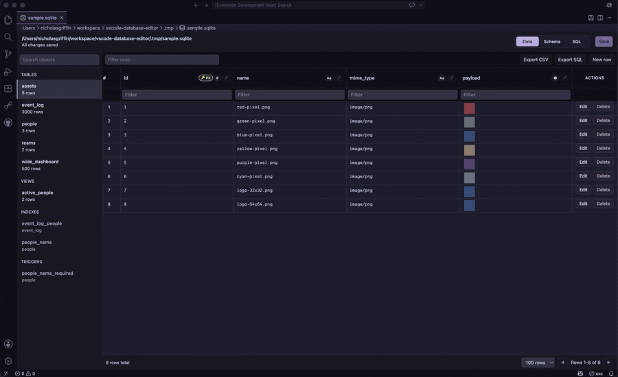 DB Viewer editing a SQLite database in VS Code